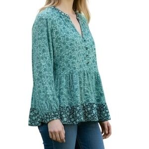 Vineyard Vines Sea Floral Tiered Top Womens Sz L Metallic Lurex Peplum Blouse